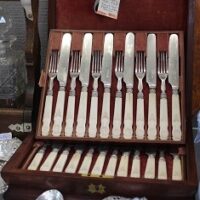 C19th Flame Mahogany 3 Tiered Ivory & Silver Plate Cutlery Service